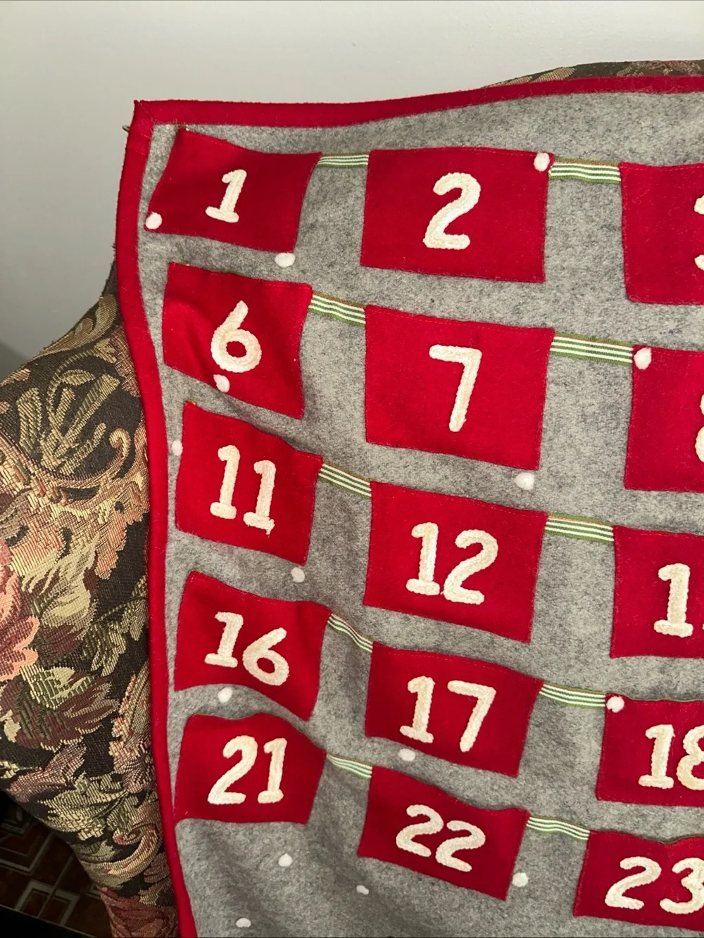 Crate&Barrel wool Gray, Red and Green skating Reindeer Advent calendar